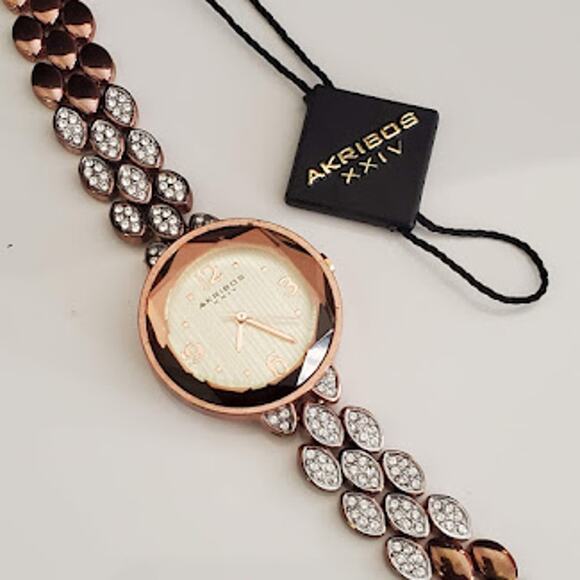 Akribos XXIV Women's AK 839 Watch 34mm Swarovski Crystals Rose Gold Bracelet‎ - Picture 1 of 10